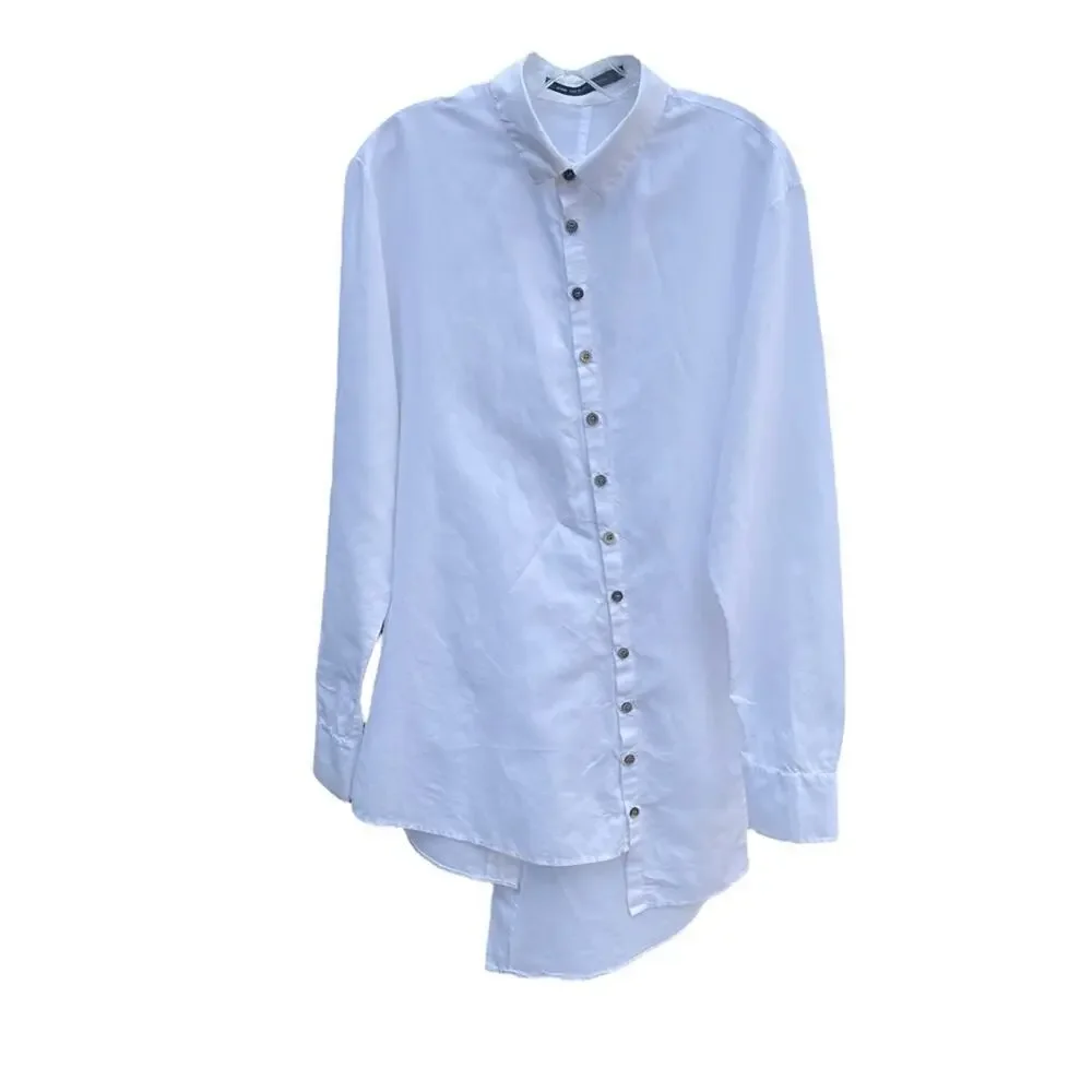 Gene Par Yukio Mishiba Asymmetric Button Down White Linen Shirt, Designer, L